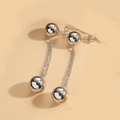 Minimalist long drop earrings in polished silver finish featuring double chain design - ES2549 Long Round Ball (Silver)