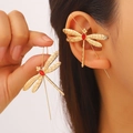 Detail of dragonfly ear cuff with red marquise gemstone and gold textured wings - Red Dragonfly Ear Wrap (0489) / Gold Red Stone