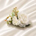Bohemian floral hair comb with cream silk roses, white lace, and green leaves accessory - FS03-1 White