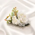 Bohemian floral hair comb with cream silk roses, white lace, and green leaves accessory - FS03-1 White