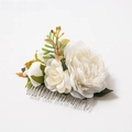 Bohemian floral hair comb with cream silk roses, white lace, and green leaves accessory - FS03-1 White