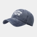 Detail of navy washed cotton baseball cap featuring WORLD'S BEST Papa white letter print - Navy Blue