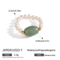 Detail showing freshwater pearls and green gemstone on a beaded stainless steel ring - Freshwater Pearl Aventurine Hand Beaded Style (JDR2411023-7)