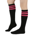 Detail view of black knee-high cotton socks featuring three pink stripes on white background - One Size / Black/Rose Red Stripes