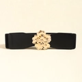 Elastic black waist belt featuring a large 3D golden metal flower buckle for women - Black