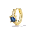 Detailed macro view of gold hoop earring with square blue zircon and pavé crystals - Gold Blue