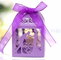 Close-up of purple laser-cut wedding favor box with thank you heart and ribbon - Dark Purple