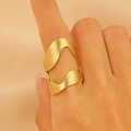 Golden 18k plated stainless steel open ring with double layer wave textured finish - 18K Gold Wave Texture (3901)
