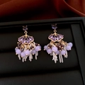 Macro detail of luxury purple gemstone drop earrings with intricate tassel chains and beads - 35# Silver Earring Post - Gold - Purple Blue - Vintage Gem Tassel