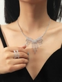 Silver fringe rhinestone necklace and layered crystal ring set on female model - Tassel Choker Multi-Layer Ring Set (DTN14026245S)