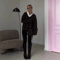 Deep brown V-neck sweater paired with black leather boots and a matching handbag - S / Brown