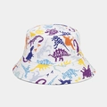 Detail of white canvas bucket hat featuring colorful typographic dinosaur patterns - Color 6