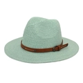 Detail of mint green panama straw hat featuring a brown leather decorative band - M (56-58cm) / Mint Green