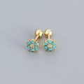 Gold flower stud earrings with blue turquoise petals and center zircon stone - Gold (Turquoise Stone)