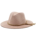 Detalle de sombrero de paja rosa con ala ancha y cuerda decorativa trenzada marrón - M (56-58cm) / Rosa