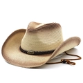 Men's gradient brown straw cowboy hat with bull buckle and adjustable chin strap - M (56-58cm) / Beige Coffee Gradient
