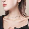 Silver waterdrop teardrop necklace and earrings set with white sparkling rhinestones - Wavy Curve Pave Rhinestone Set (DTN10026271S)