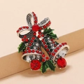 Silver Christmas bells brooch with red and green rhinestones and green enamel leaves - BR1349 Antique Silver Bell