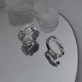 Irregular textured silver open ring set with liquid metal style on a mirrored base - 2-Piece Set (Adjustable Opening) / Silver