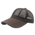 Detail of coffee brown trucker hat featuring breathable mesh back and fashion metal tag - Coffee
