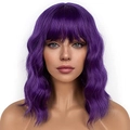 Short wavy purple bob wig with bangs made of synthetic fiber for women festive cosplay - Deep purple