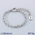 Silver stainless steel 6mm link chain bracelet with 10mm round letter W charm pendant - Silver - Letter W (KB186412-Z)