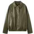 Chaqueta corta vintage de mujer en cuero PU verde oscuro corte holgado con cremallera - S / verde oliva