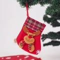 Christmas stocking with cartoon reindeer and plaid trim hanging on a festive tree branch - Small Plaid Reindeer Stocking