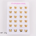 Set van 12 paar gouden roestvrijstalen vlinder oorknopjes op een witte displaykaart - Kleine Afgeronde Vlinder 8*6.7mm (Set van 12 Paren)