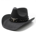 Detail of black woven cowboy hat featuring silver bull head ornament and metal rivets - M (56-58cm) / Black
