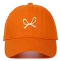 Detailed view of white ribbon embroidery on a vibrant orange cotton baseball cap - Orange