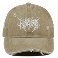 Close-up of khaki washed canvas baseball cap with heavy metal embroidery and distressed details - Khaki