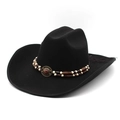Classic black wool felt cowboy hat with bead trim and vintage gemstone buckle - M (56-59cm) / Black