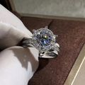 Luxury silver halo engagement ring with two-tone round zircon and triple pave band - US 6 / White Gold