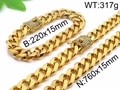 Set collana e bracciale a catena cubana dorata con chiusure quadrate con diamanti incastonati - Set Collana e Bracciale (KS96878-K) / 760x15mm/220x15mm / Oro