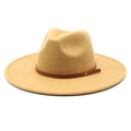Macro detail of camel wool fedora hat with brown leather band and silver rivet - M (56-58cm) / Camel