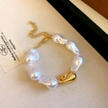 Baroque irregular pearl bracelet with gold metal charm in a vintage chic style - Irregular Round Style (2#) / White (Gold Round Clasp)