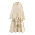 Beige embroidered midi shirt dress with palm patterns and tassel belt for women - XS / Apricot