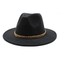 Close-up of black wool fedora hat featuring a brown braided band and classic wide brim - M (56-58cm) / Black
