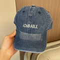 Close-up of ADMRABLE embroidery on vintage washed denim baseball cap with twill texture - Adjustable 56-60cm / Dark Blue with ADMIRABLE Embroidery