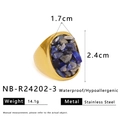Detailed macro view of a gold stainless steel ring with colorful natural crushed stone inlay - Blue Large Face Stone Chip Ring (NB-R24202-3)