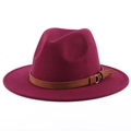 Classic burgundy fedora hat with brown leatherette belt and metal buckle on white background - M (56-58cm) / Burgundy