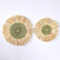 Set of two bohemian woven grass wall decors with green accents and fringe detail - Green Spiral Tassel Style (26cm)