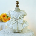 Elegant off-white pet wedding dress with gold embroidery and a large bow for small dogs - Baby Breath Wedding Dress - White