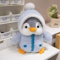 Plush penguin doll wearing a light blue fleece hoodie with a functional zipper - 28cm / Blue