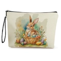 Trousse à maquillage de Pâques en toile avec motif lapin aquarelle et sangle noire - 17*25cm (Lin) avec Sangle / Motif Lapin et Œuf à l'Aquarelle (Style 1)