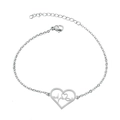 Detail of silver titanium heart bracelet with EKG pulse pattern and adjustable chain link - Heart EKG / Steel