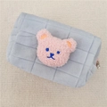 Light gray quilted plush pouch featuring a cute pink embroidered bear and soft velvet texture - Blue (Pink Bear)