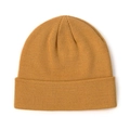 Detail of the ginger yellow rib-knitted beanie showing the fine texture and wide fold cuff - Camel