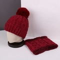 Deep red winter knit hat and scarf set with thick faux fur lining and plush pompom detail - Red Geometric Knit Hat and Scarf Set
